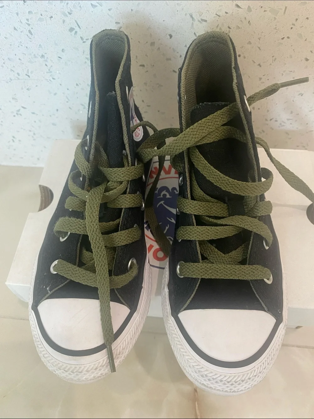 Converse Dinoverse. Black High-Top Sneakers with Olive Laces and Yellow Trim